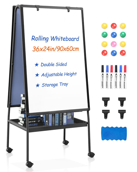 MAKELLO Flipchart Ständer, 90x60cm, mit Ablageschale, Flipcharts Whiteboard Magnetisch, Doppelte Schreibfläche Höhenverstellbar, Schwarz, Vierbein mit Rollen Flip Chart für Büro, Schule, Zuhause
