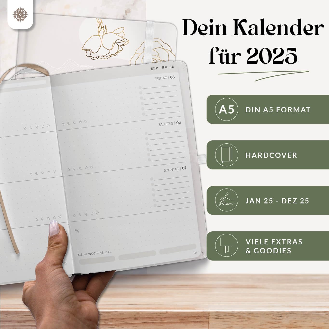 Lebenskompass Kalender 2025 Buchkalender A5 "ROSENBLATT" - Schöner Wochenkalender & Terminplaner 2025 - stabiles Hardcover - Taschenkalender 2025 - Buchkalender A5 + Viele Extras