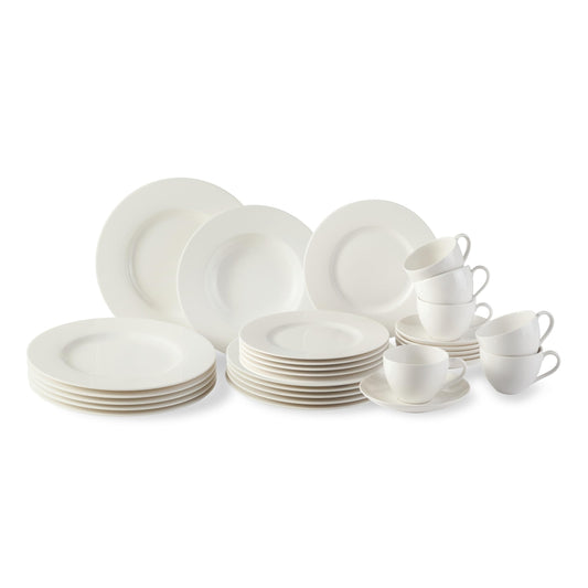 vivo – Villeroy & Boch – Basic White Kombiservice 30 Teilig, Spülmaschinenfest, Mikrowellensicher, Tafelservice Weiß, Geschirrset, Kaffeeservice, Keramik, Teller, Tassen, Premium Porzellan