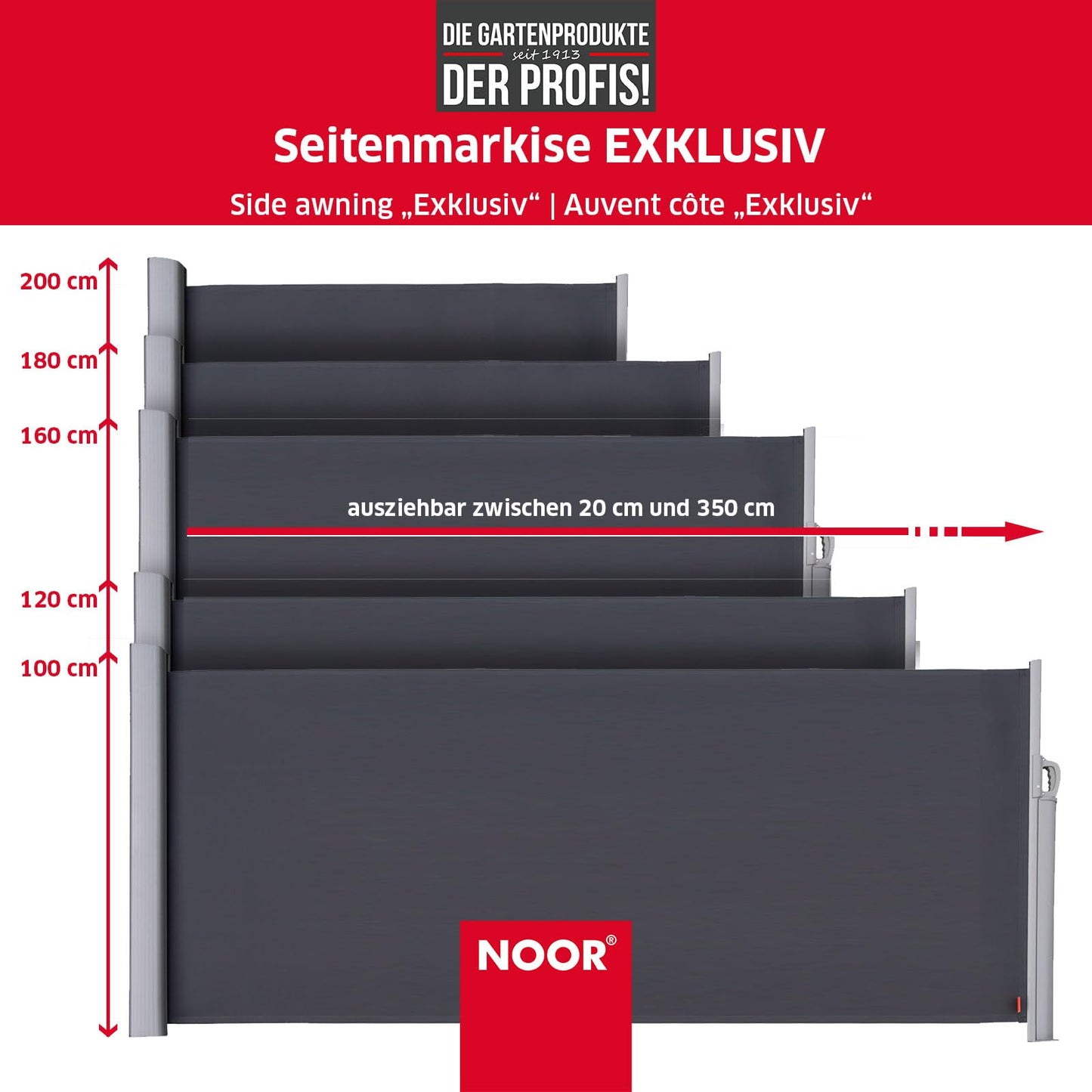 NOOR Seitenmarkise EXKLUSIV 200x350 cm Anthrazit - blickdichter Sichtschutz für Balkon, Terrasse & Garten - ausziehbarer Sonnenschutz/Windschutz inkl. Befestigungen - imprägniert und wasserabweisend