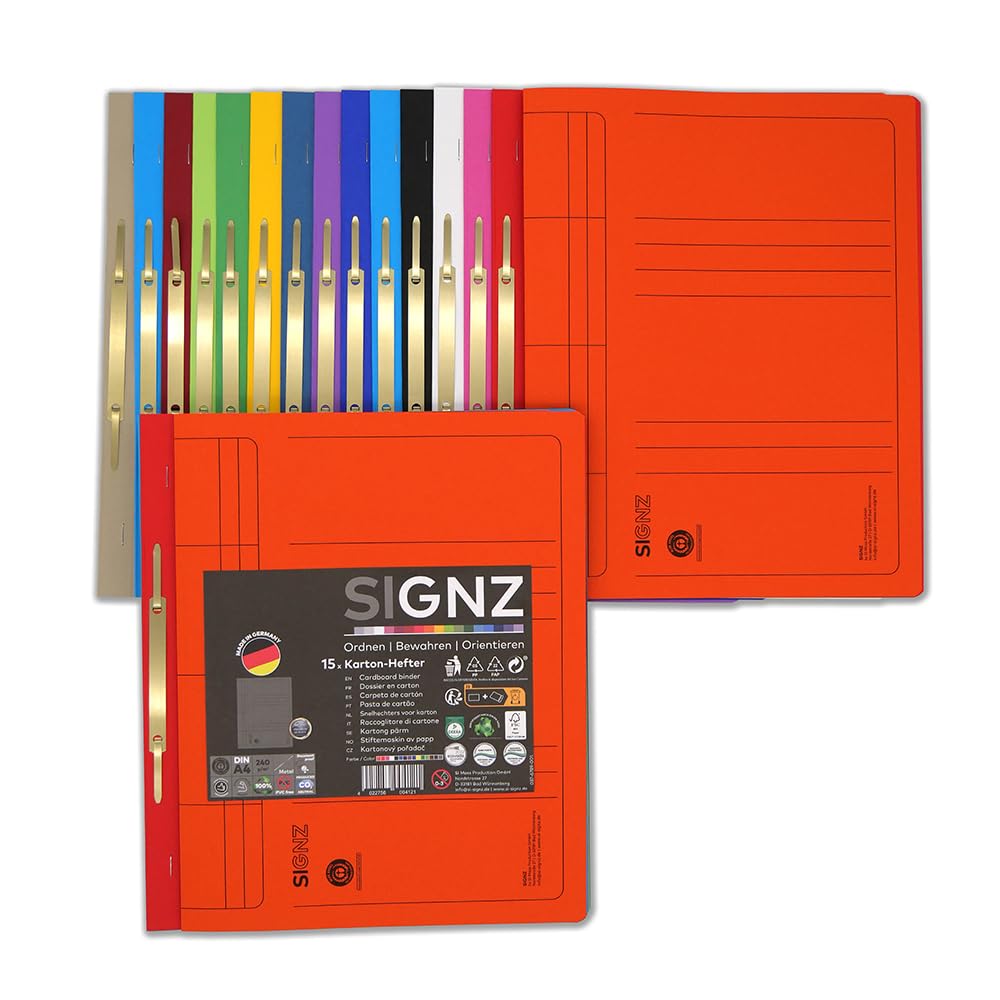 SIGNZ Schnellhefter DIN A4 aus Karton, 15 Stück, gefaltet, farblich sortiert, CO2-neutral hergestellt, made in Germany