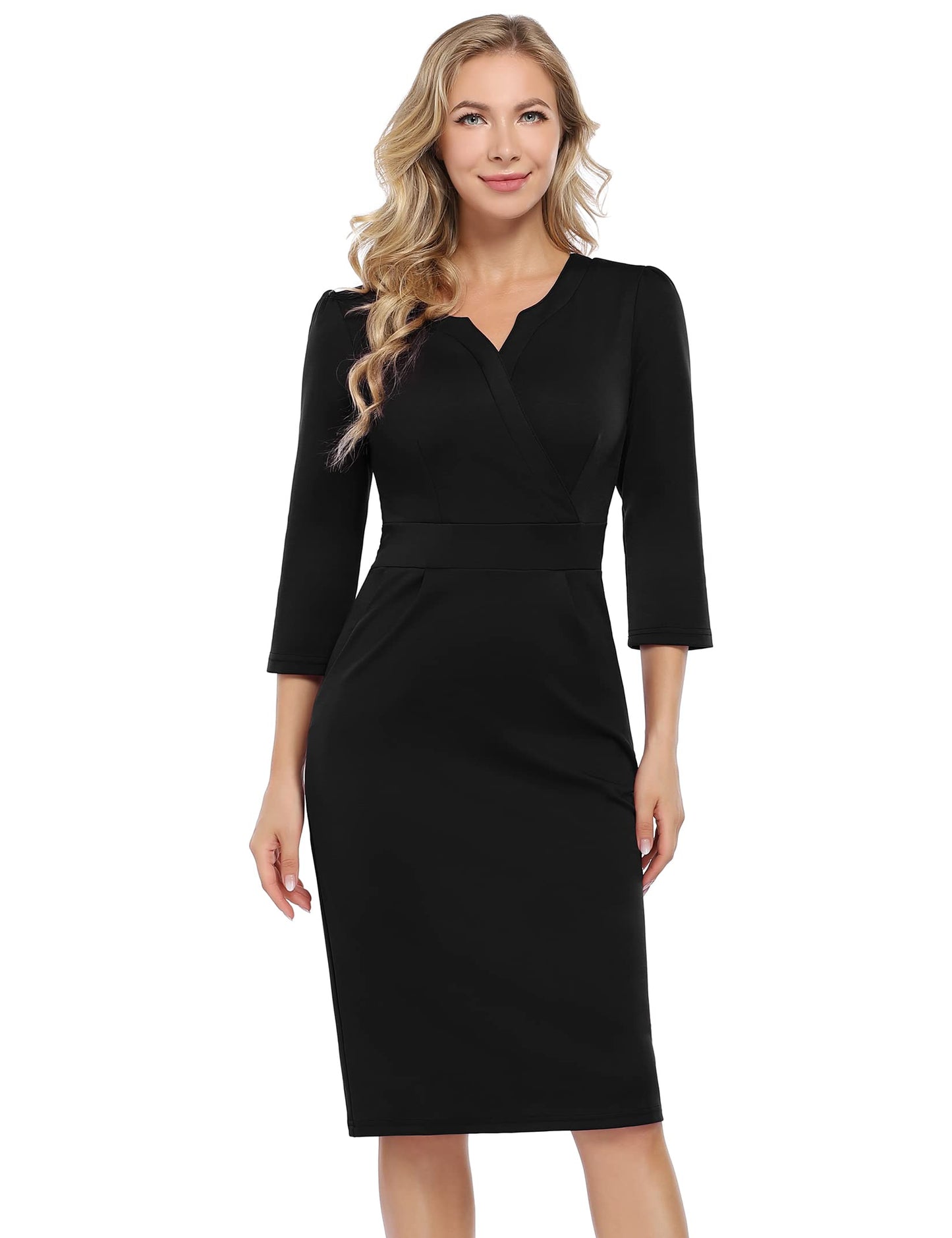 KOJOOIN Damen Elegant Etuikleider Knielang Langarm Business Kleider Schwaz（V-Ausschnitt） M