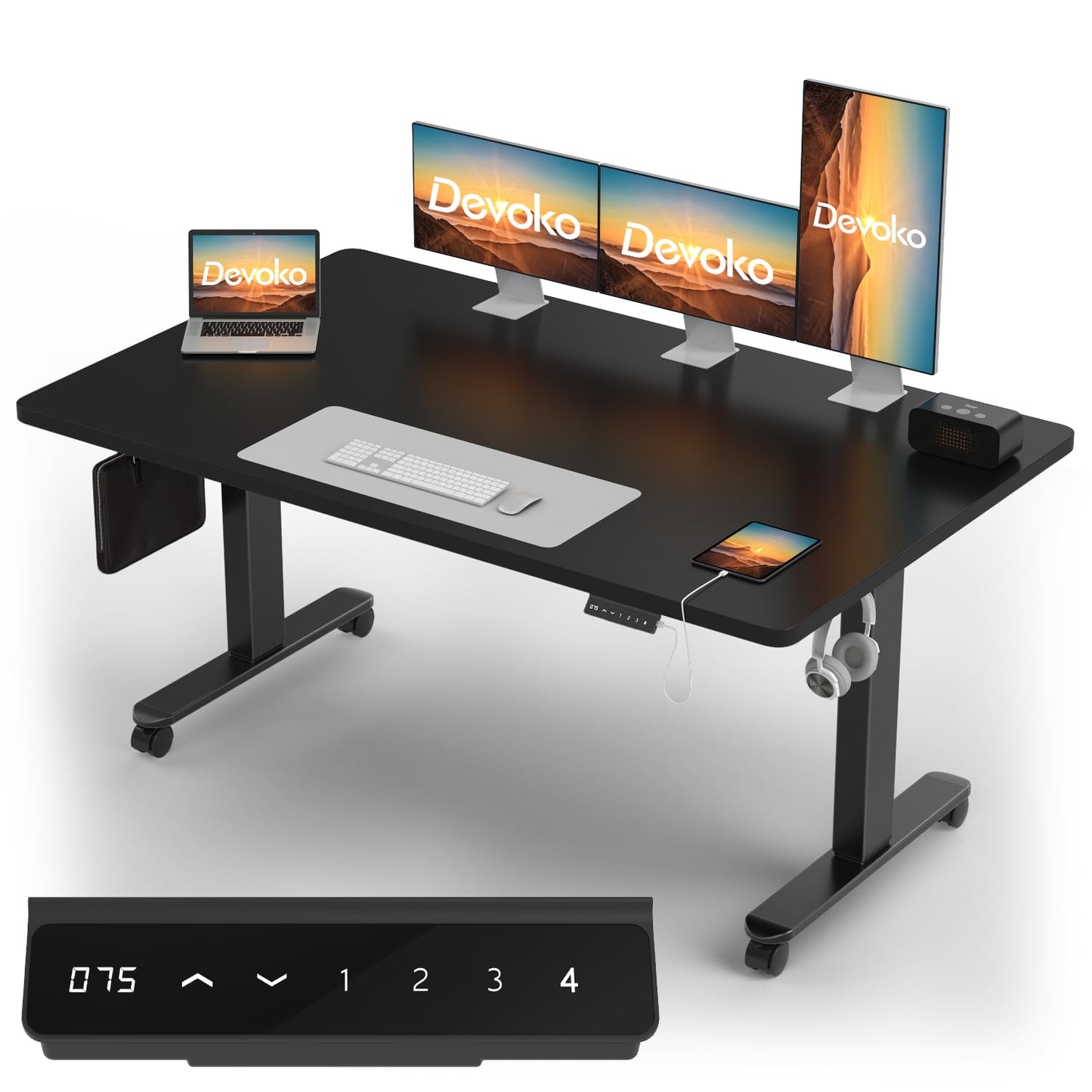 Devoko Höhenverstellbarer Schreibtisch mit 2 Motoren，25mm Einteilige Tischplatte, 160x80 cm Mobiler Elektrisch Computertisch mit Kabel Management, Schwarz - Perfekte Ergonomie für Dein Büro