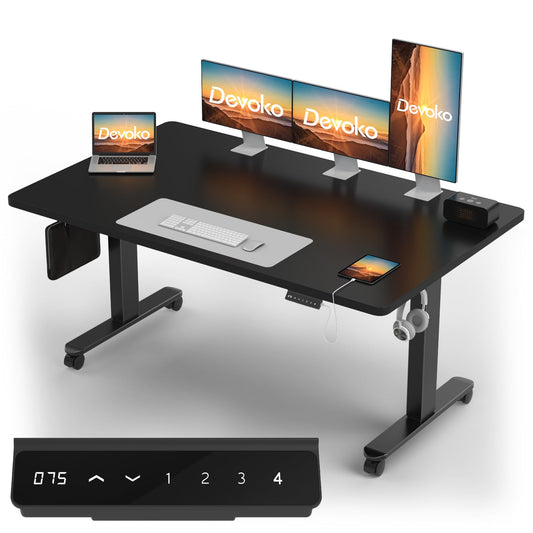 Devoko Höhenverstellbarer Schreibtisch mit 2 Motoren,25mm Einteilige Tischplatte, 160x80 cm Mobiler Elektrisch Computertisch mit Kabel Management, Schwarz - Perfekte Ergonomie für Dein Büro