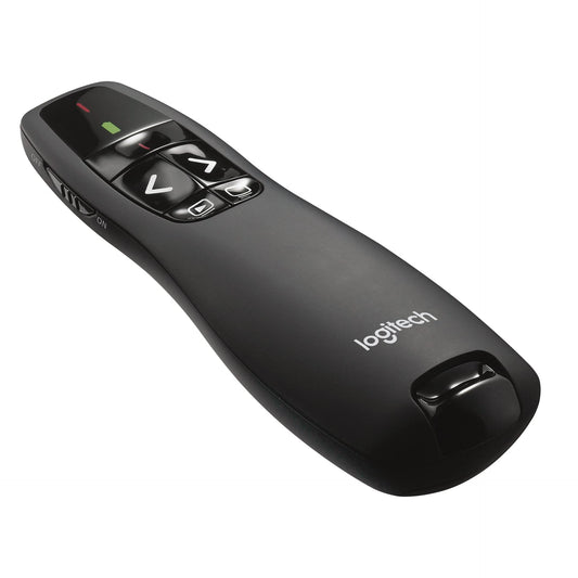 Logitech R400 Presenter, Kabellose 2.4 GHz Verbindung via USB-Empfänger, 15m Reichweite, Roter Laserpointer, Intuitive Bedienelemente, 6 Tasten, Batterieanzeige, PC - Schwarz