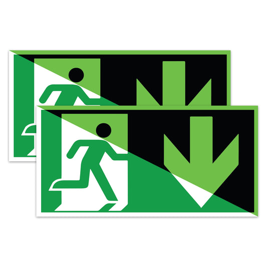 DinAliX 2 Stück Notausgangsschild nachleuchtend Pfeil nach Unten | 300x150mm VINYL Notausgangsschild Selbstklebend | Entsprechend ISO DIN 7010 / DIN 67510