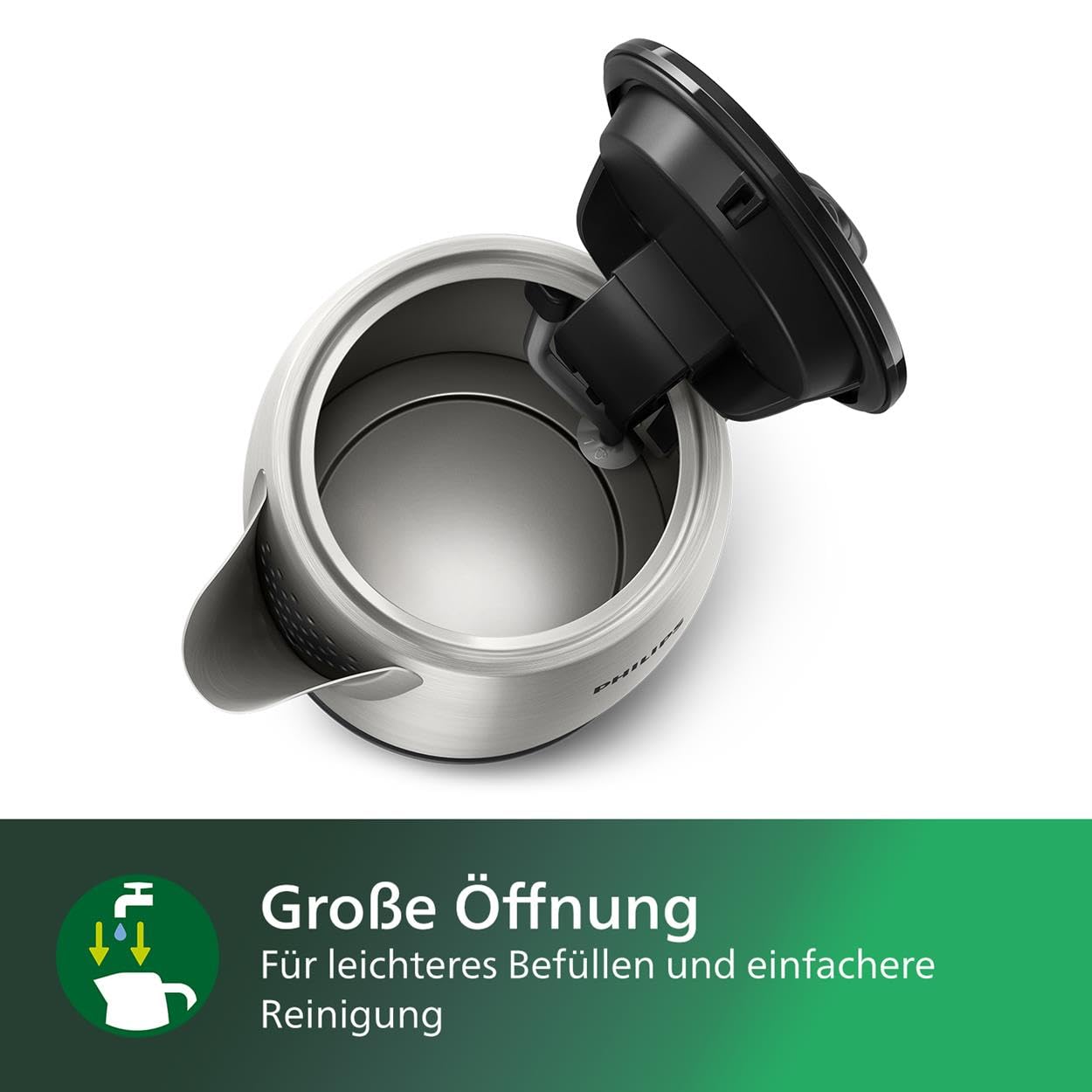 Philips Daily Collection Metall Wasserkocher – 1,7L, Leuchtanzeige, 360°-Basis, Mikro-Sieb-Filter, Flaches Heizelement, Sprungdeckel, Energiesparend, Sicheres Design, Schnelles Aufkochen (HD9350/90)