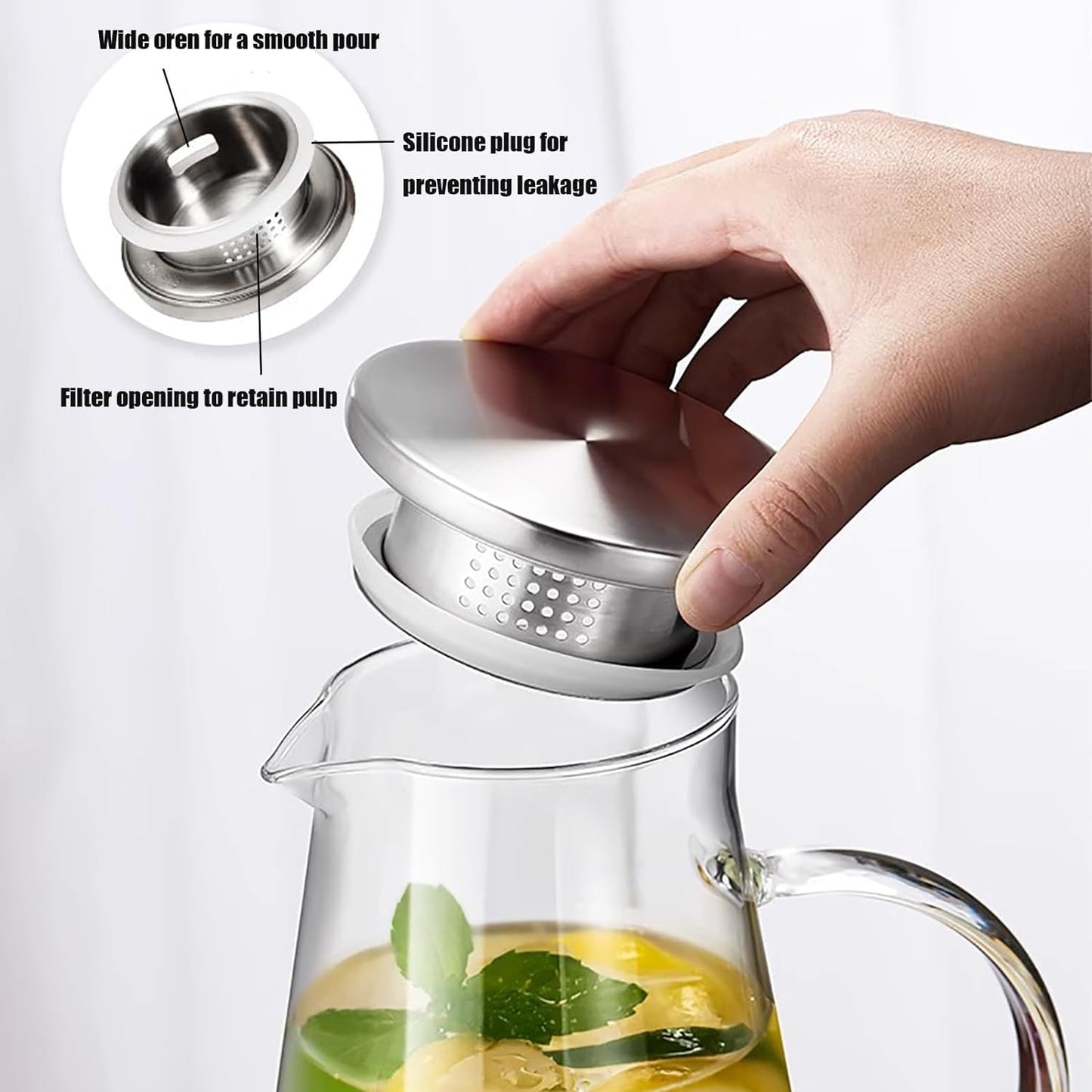 WUWEOT 2 Liter Glaskaraffe Wasserkaraffe mit Edelstahl Deckel und Ausgießer Karaffe aus Glas Wasserkrug Saftkrug Getränkekrug für Hausgemachte Getränke Wasser Milch Kaffee Wein Eistee Saft