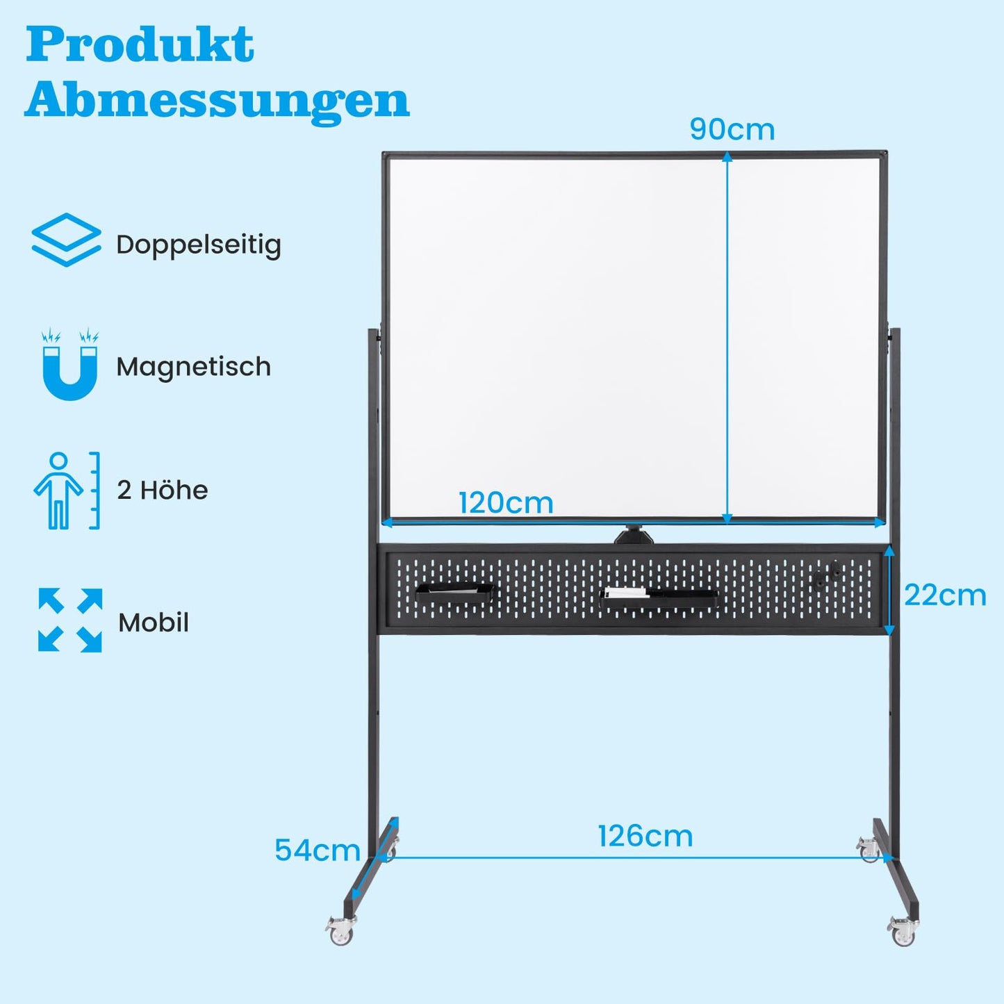 COSTWAY Doppelseitiges mobiles Whiteboard, 120 x 90 cm, Trocken abwischbares magnetisches Whiteboard mit Stecktafel, Rollen und Ständer, inkl. Zubehör für Büro, Zuhause (Schwarz)