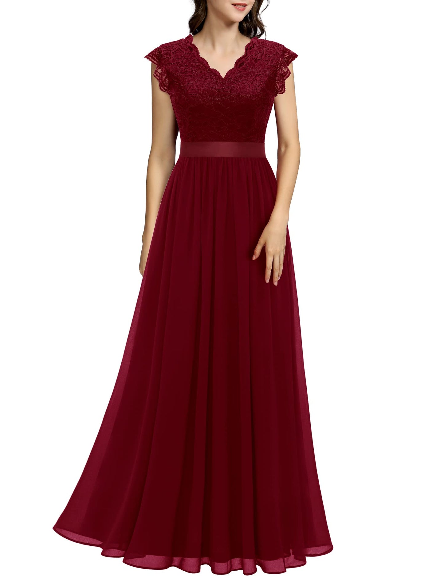 Dressystar Damen Lang Ballkleid Spitze Chiffon V Ausschnitt Maxilang Abendkleid Elegant für Hochzeit Cocktailkeider Dunkelrot M