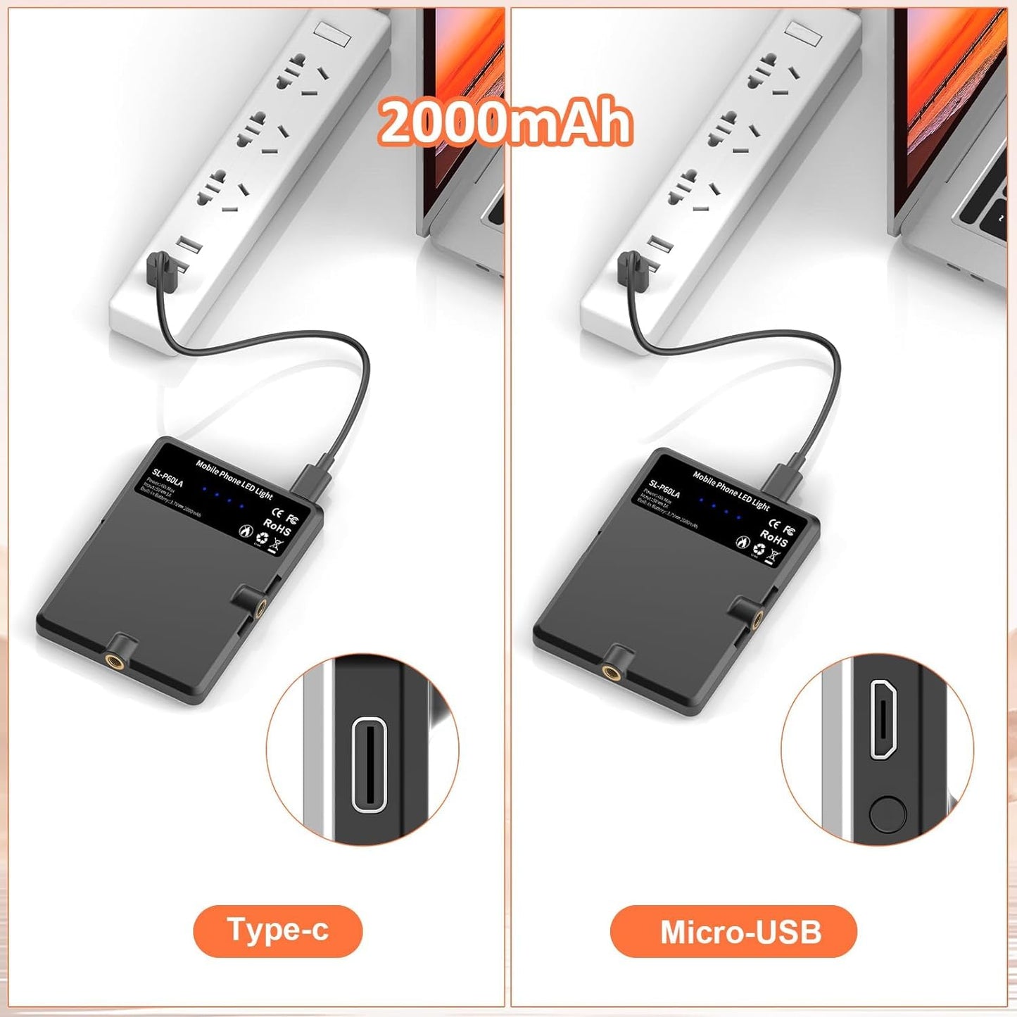 TONEOF Selfie Licht Handy, 60LED Wiederaufladbares Videolicht mit Clip&Zwei 1/4" Schraubenlöchern, 2500K–9000K 3 Lichtmodi, Tragbares Foto Licht für Handy/Laptop/Tablet-Schwarz