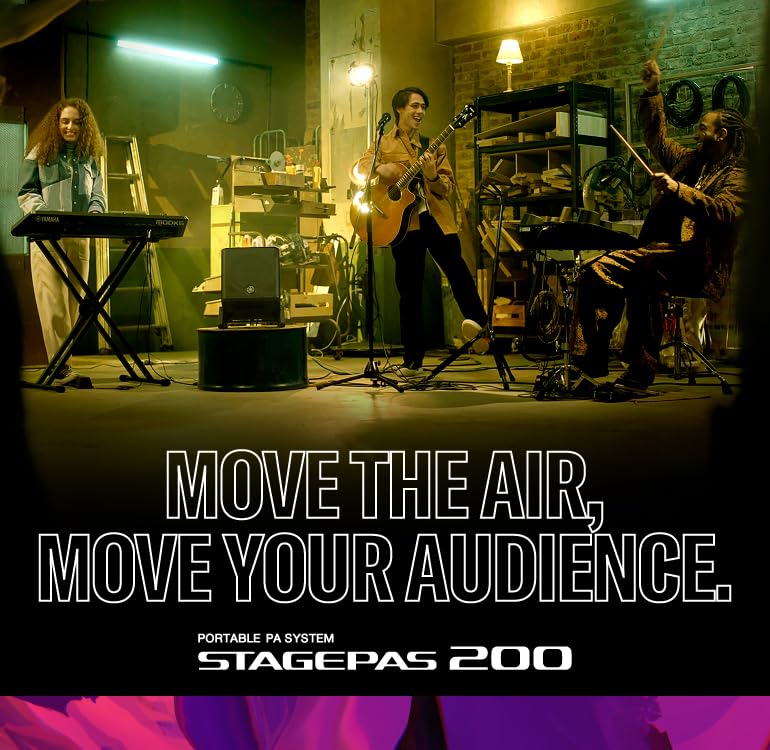 Yamaha STAGEPAS 200 BTR Tragbares PA-System – 180W Class-D Verstärker, 8" Koaxialtreiber, 5-Kanal Digitalmix, Ducker & Feedback-Unterdrückung, Bluetooth-Audio & Fernsteuerung, Inklusive Akku – Schwarz