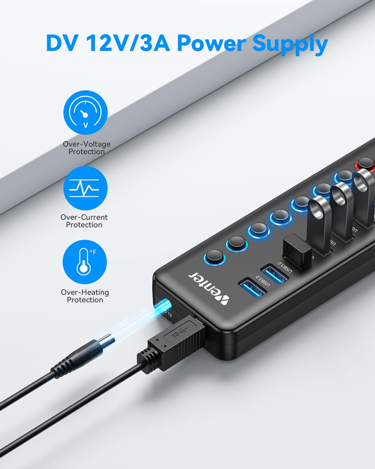 USB Hub Aktiv 3.0 mit Netzteil 36W, WENTER 11 in 1 USB Hub (7 USB 3.0 Ports Datenübertragung und 4 Ports Schnellladegerät) mit Schalter und 1 Intelligenter Charging Port und 12V/3A Netzteil Adapter