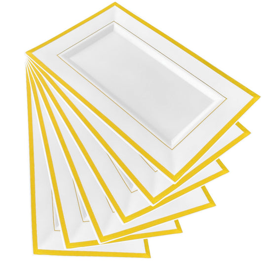 Lovesmile 6 Weiße Plastik Servierplatten, Buffet Platen, 33 * 20 * 1.5CM Servierplatten, Buffet Platen mit Goldrand, Anrichteplatte für Vorspeisen, Fingerfood, Catering, Geburtstage, Hochzeiten