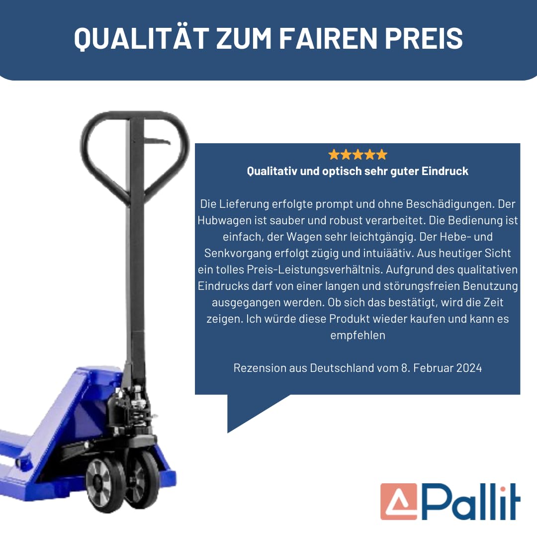 Pallit Hubwagen 2500 kg aus Stahl 1150 mm Gabellänge FIVE-R Gummirollen Gabelhubwagen Handhubwagen Palettenwagen Blau