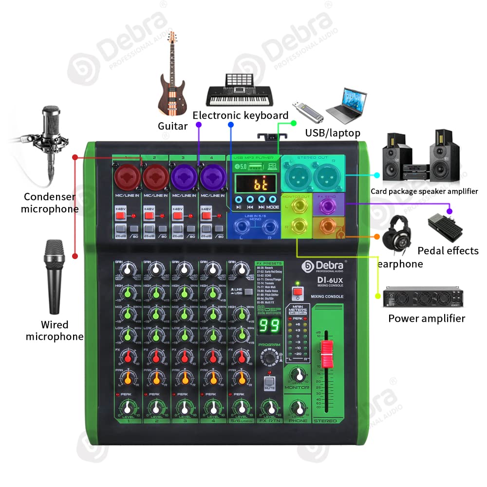 D Debra DI-6UX-Serie Professioneller Mixer Audio mit 99 DSP Digitaleffekten USB MP3 Eingang 48V Professionelle Phantomspeisung Mikrofon-Preamps für DJ Mixer Konsole Aufnahmestudio (DI-6UX)