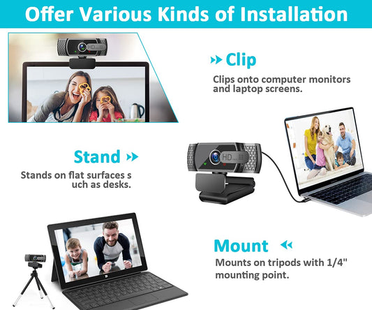 Full HD1080P Webcam mit Mikrofon, Automatischer Lichtkorrektur, Neefeaer USB mit Abdeckung Stativ,110° Weitwinkel, Kamera für PC, Laptop, Computer, Linux, Mac