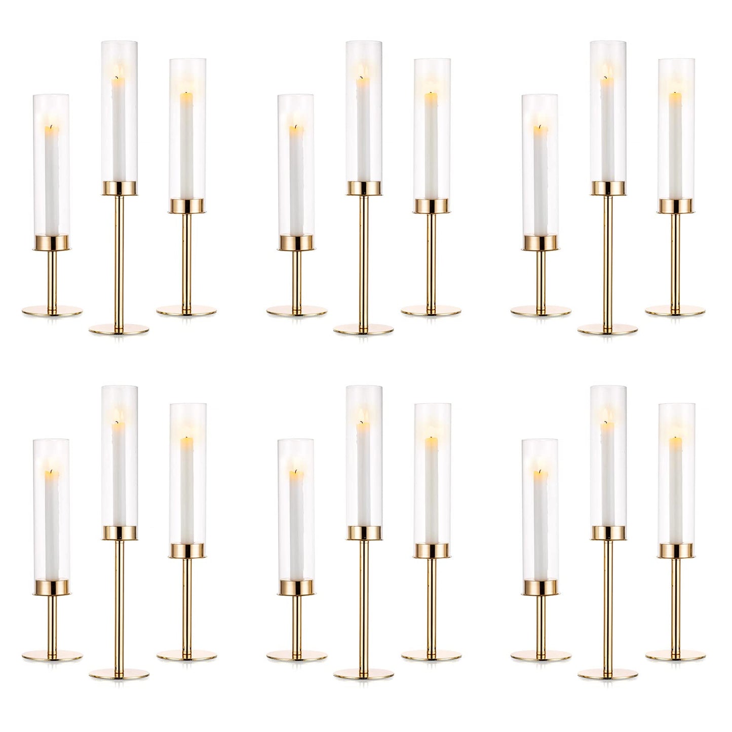 Nuptio Glaszylinder Kerzenständer Metall Gold - 18 Stücke Kegel Kerzenhalter Stabkerze Pack ür Kerzen, Klarglas Hurricane Schatten Spitze Kerzen Modern Hochzeit Weihnachten Tisch Abendessen Kamin