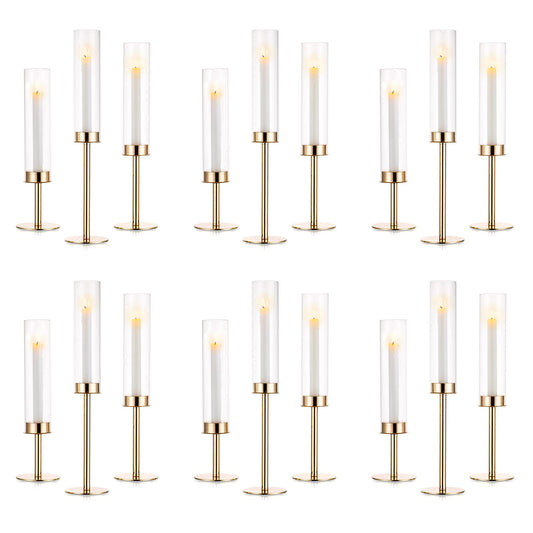 Nuptio Glaszylinder Kerzenständer Metall Gold - 18 Stücke Kegel Kerzenhalter Stabkerze Pack ür Kerzen, Klarglas Hurricane Schatten Spitze Kerzen Modern Hochzeit Weihnachten Tisch Abendessen Kamin