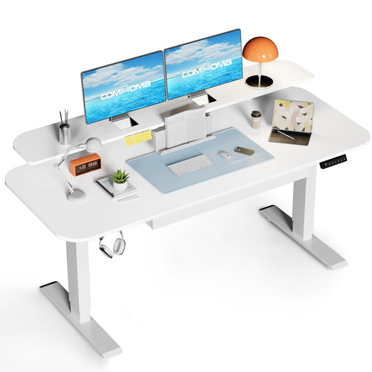 COMHOMA Höhenverstellbarer Schreibtisch Elektrischer, 120x60cm, mit Schubladen, Monitorständer, Tablet-Ständer, mit 3 höhen Memory-Steuerung, Weiß