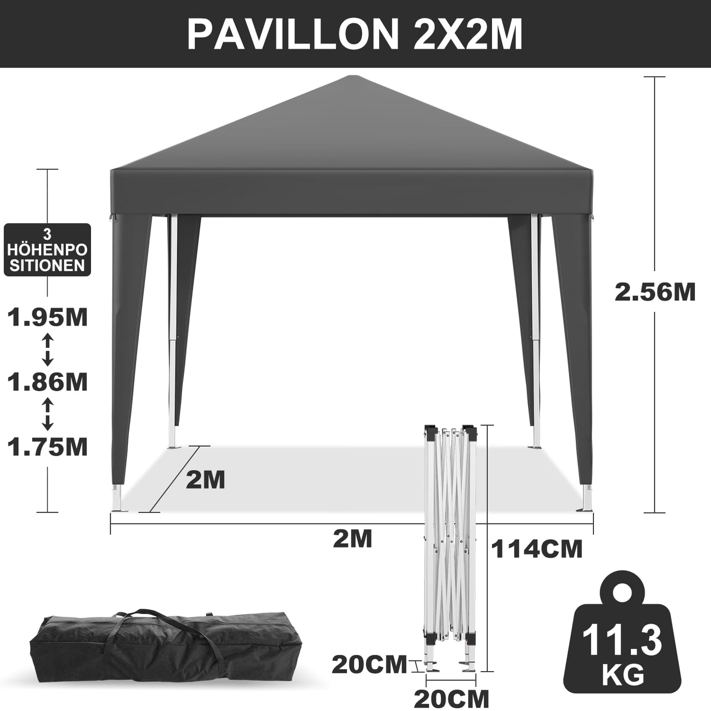 Devoko Faltpavillon Wasserfest 2x2m Pop up Pavillon UV Schutz 50+ Pavillon Faltbar Höhenverstellbar Pavillon Camping Wasserdicht Metallrahmen(Grau,ohne Seitenteile)