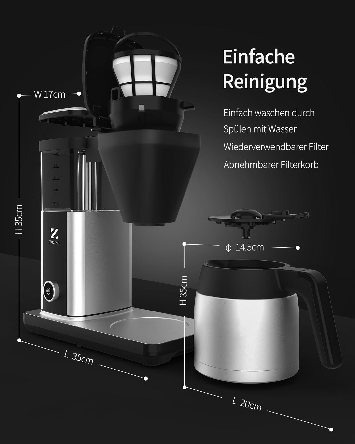 ZACHVO Filterkaffeemaschine mit 1.25L thermoskanne, kaffeemaschine für bis zu 10 Tassen, Permanentfilter, Fropf Stopp, Auto Abschaltung, BPA frei, 4,5 Minuten schnelle Kaffeezubereitung, 1550W