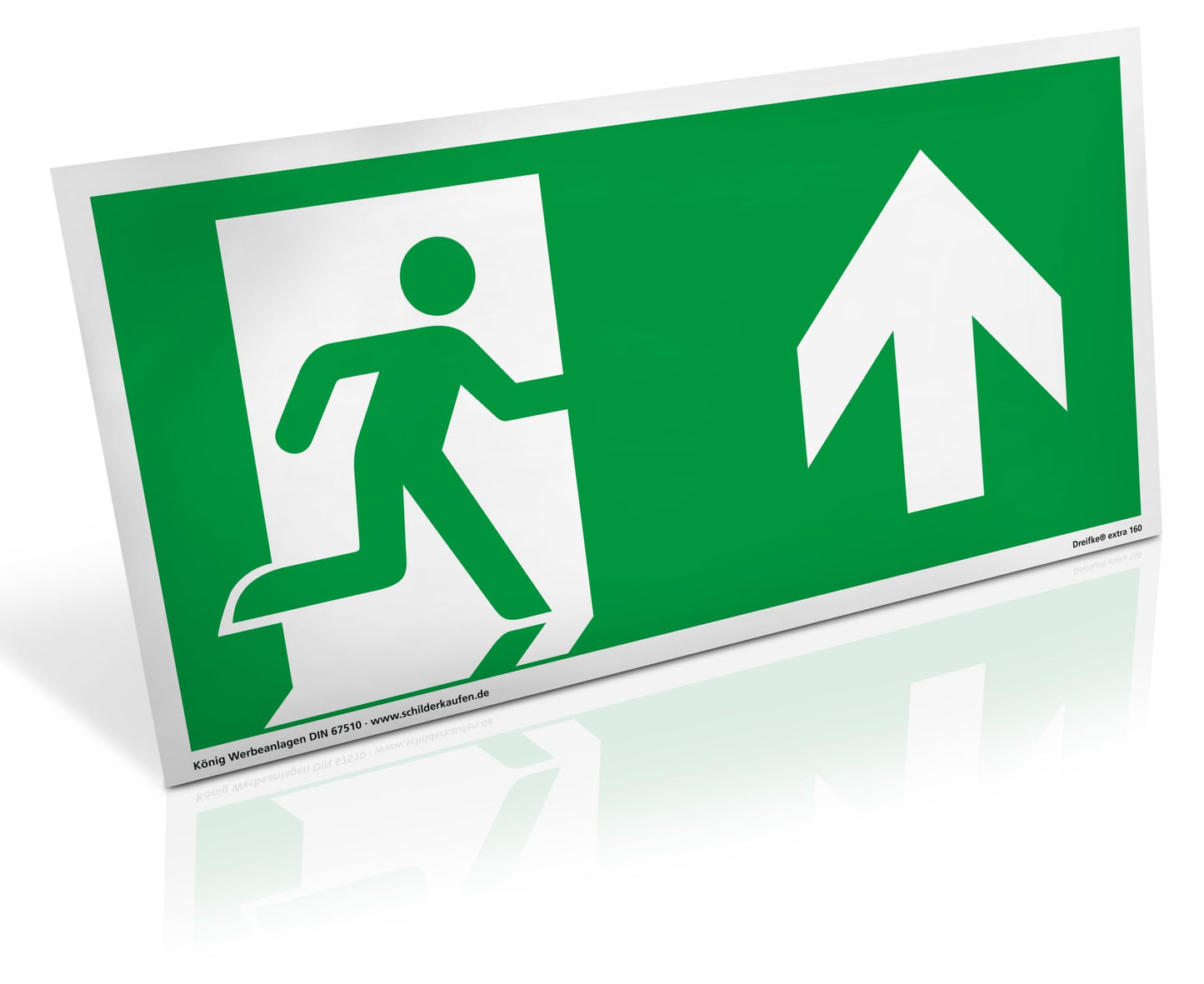 Schild Notausgang | extra langnachleuchtend | PVC selbstklebend 297x148mm | gemäß ASR A1.3 DIN 7010 DIN 67510 | Notausgangsschild rechts aufwärts geradeaus| Fluchtweg Rettungsweg | Dreifke® extra 160