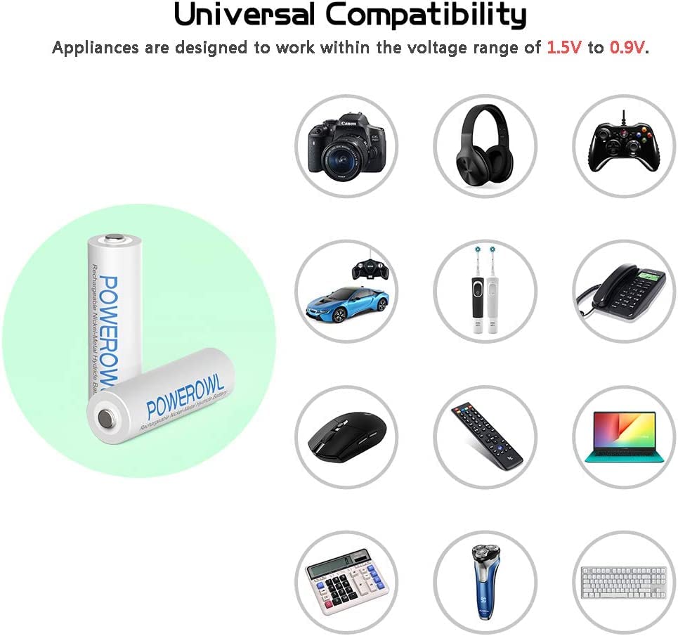 POWEROWL AAA Akku 1000mah 8 Stück mit Akku Ladegerät, AAA Akkuladegerät 8 Steckplatz Anschluss Universal Batterieladegerät für NI-MH NI-CD AA AAA Wiederaufladbare Batterien
