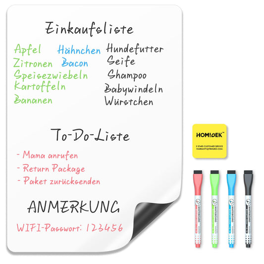 HOMiDEK Whiteboard Folie Magnetisch für Kühlschrank: A4 Magnettafel Für Familie Menü Wochenplaner, Einkaufsliste, to do liste - Klein Magnet White Board mit 3 Markers und Radierer, 20x30cm