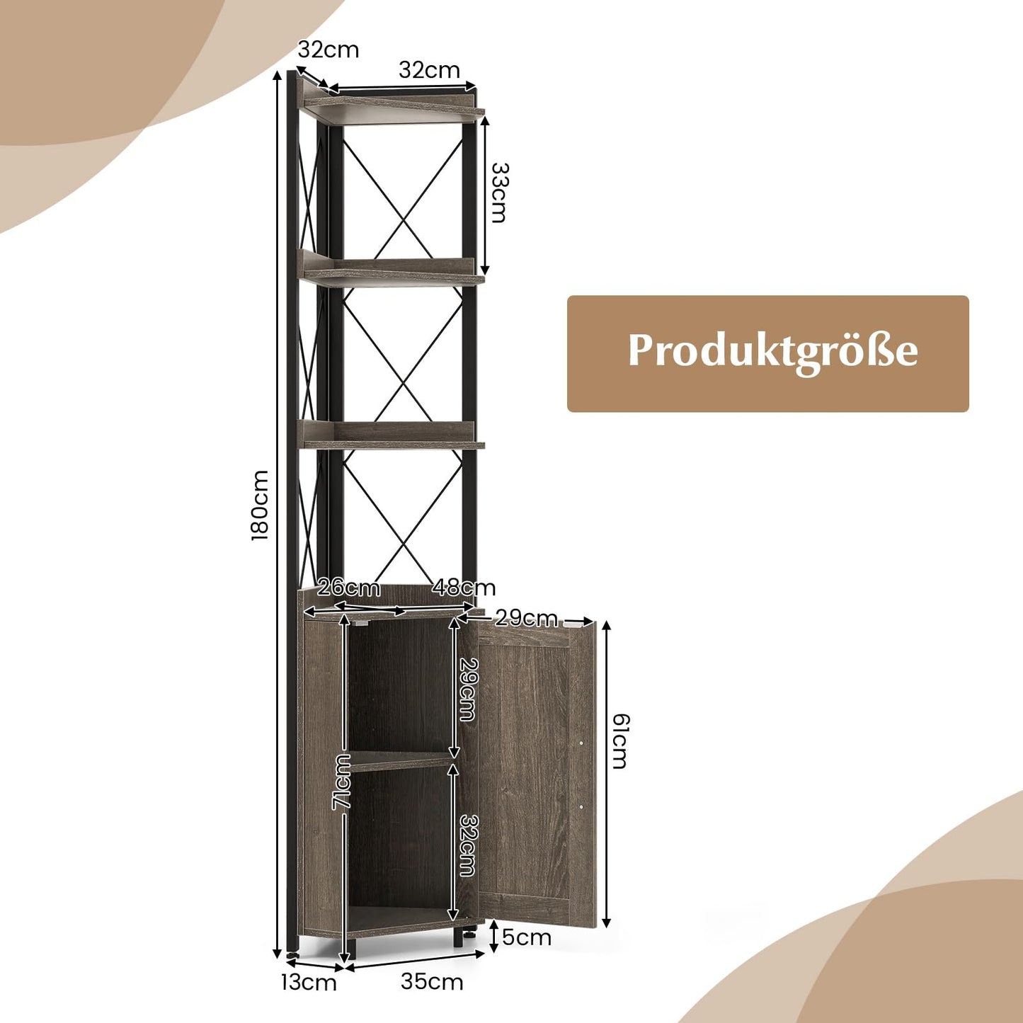 COSTWAY 6-stöckiges Bücherregal, Standregal industriell, Hochschrank schmal mit 4 Ablagen & verstellbaren Regalen, Küchenschrank Eckschrank platzsparend, 48 x 32 x 180 cm (Grau)