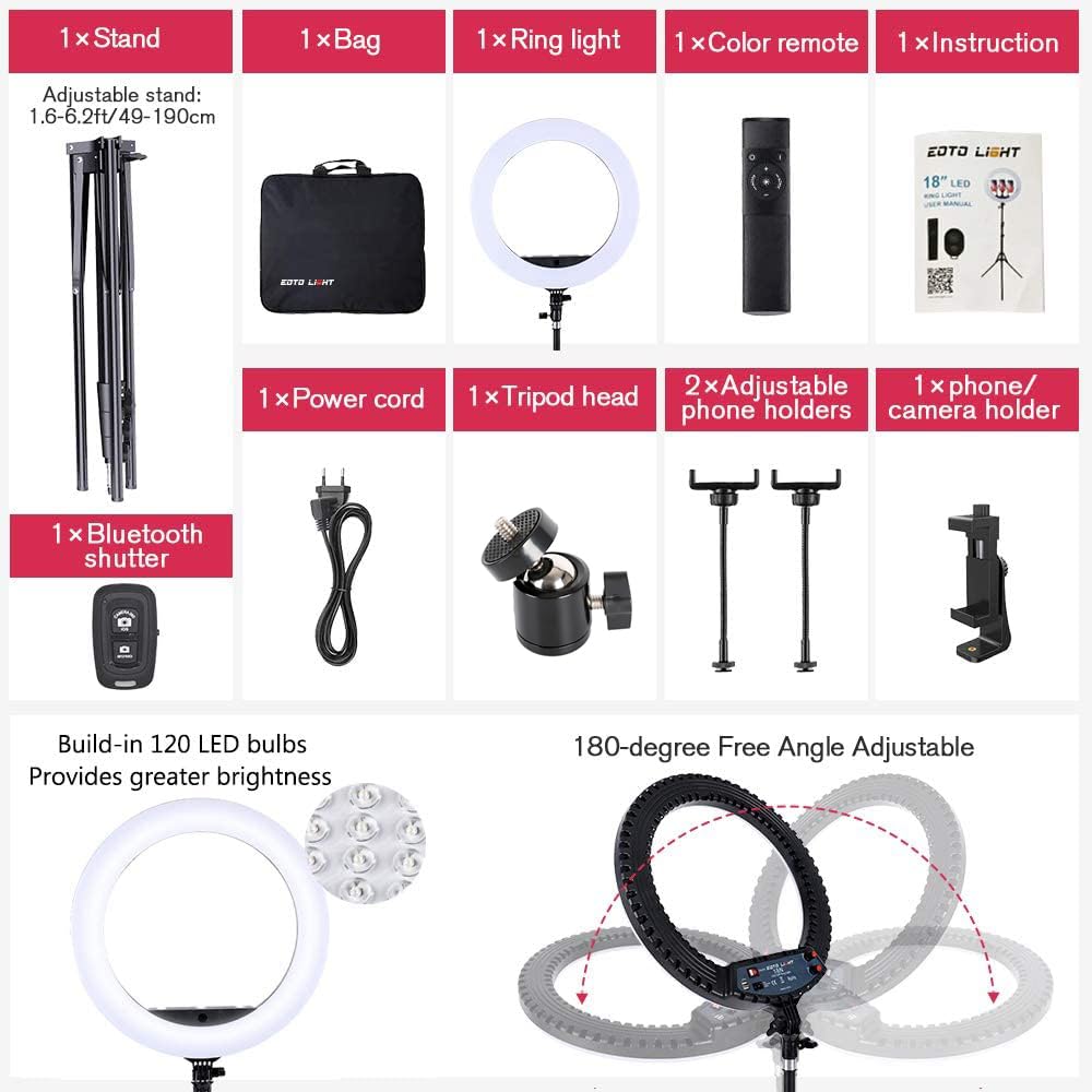 18 Zoll LED Ringlicht mit Stativständer Dimmbares Makeup Selfie Ringlicht für Studio Portrait YouTube Vlog Videoaufnahmen mit Tragetasche und Fernbedienung, CRI 90
