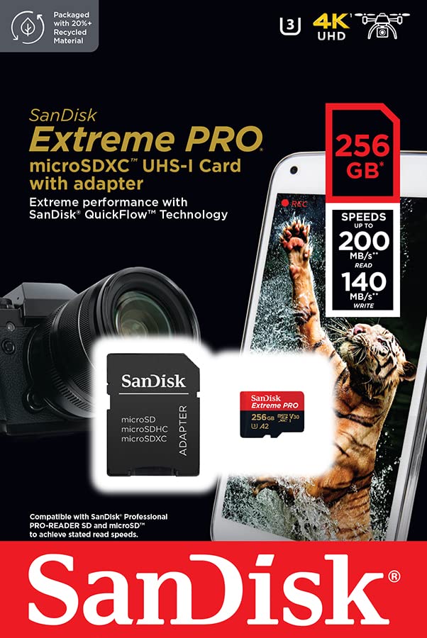 SanDisk Extreme PRO microSDXC UHS-I Speicherkarte 256 GB + Adapter & RescuePRO Deluxe (Für Smartphones, Actionkameras oder Drohnen, A2, Class 10, V30, U3, 200 MB/s Übertragung)