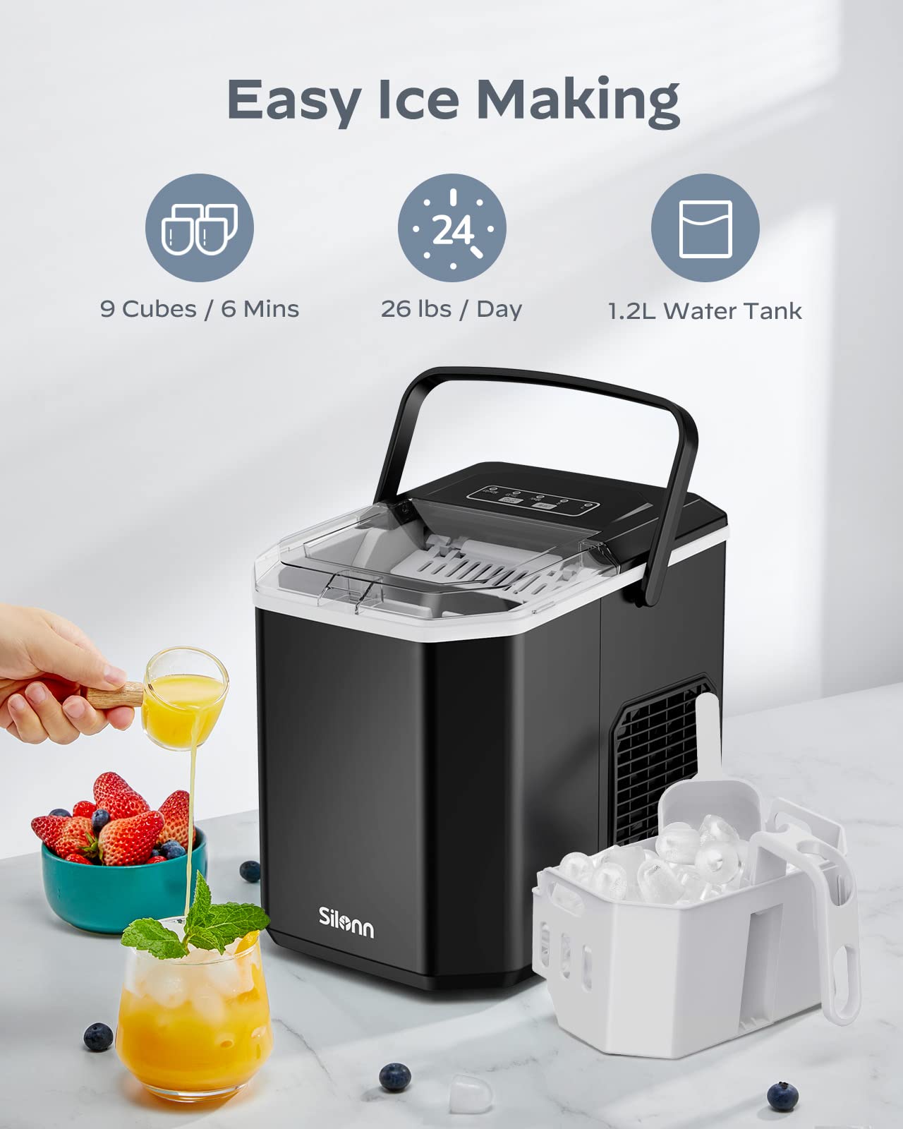 Silonn Eiswürfelmaschine, Kleine Eiswürfelmaschine mit Tragegriff, Selbstreinigende Eiswürfelmaschine mit Korb und Schaufel, 9 Würfel in 6 Minuten, 12 KG pro Tag, ideal für Haus, Küche, Camping, RV