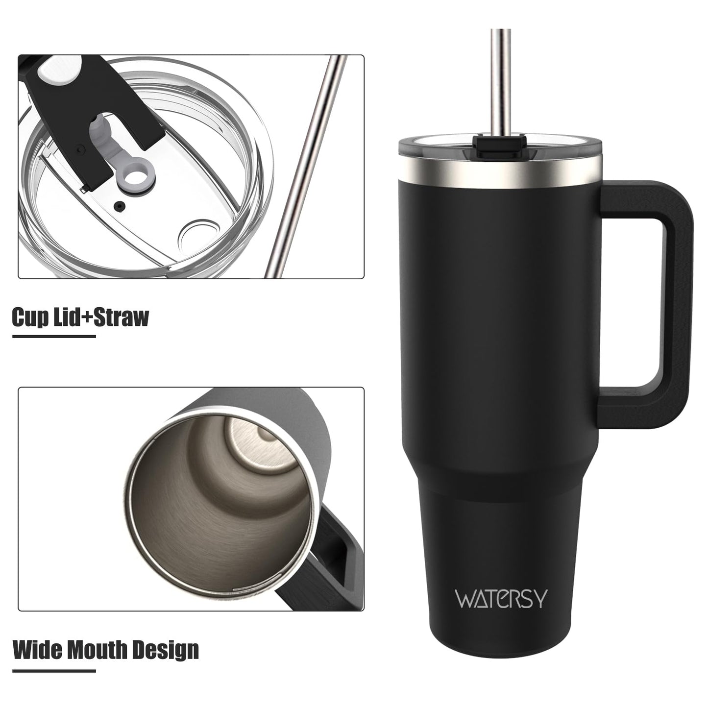 WATERSY 40oz Kaffeebecher to Go Thermobecher Doppelwandiger Edelstahl Vakuum Auslaufsicher Trinkbecher mit Griff und Strohhalm Thermo Tumbler Schwarz