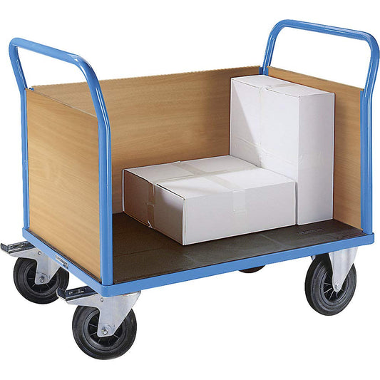 eurokraft | pro | Plattformwagen mit Holzwänden | mit 3 hohen Wänden | LxB 1050 x 700 mm | Vollgummireifen