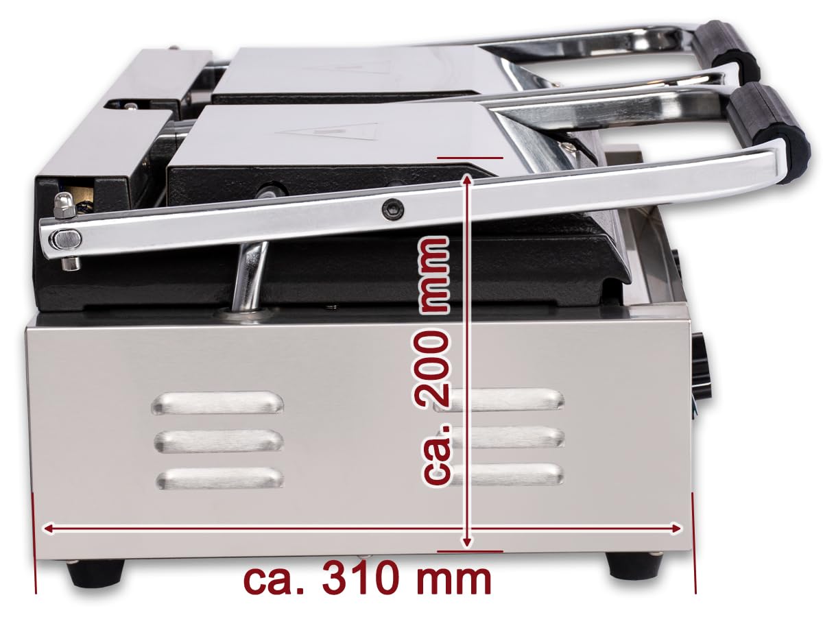 Beeketal 'BKG8' Gastro Doppelt Kontaktgrill mit Gusseisen Grillpatten (oben gerillt unten glatt) mit Fettauffangschale, Profi Edelstahl Elektrogrill ideal als Panini Grill Maker oder Sandwich Toaster