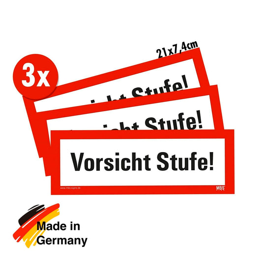 3 Stück – Aufkleber Warnung „Vorsicht Stufe!“ Hinweis Sturzgefahr Schild Folie ähnl. DIN 4066 | 21x7,4cm Made in Germany