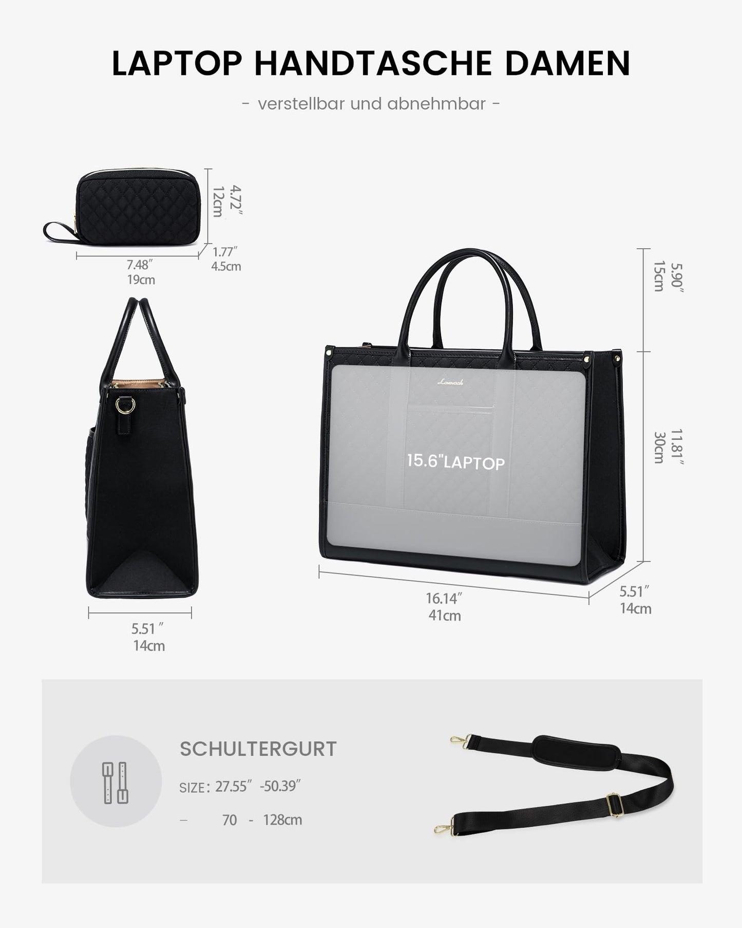 LOVEVOOK Laptoptasche Damen 15,6 Zoll, Wasserdicht Arbeitstasche Handtasche Groß Schultasche Shopper Business Tasche Aktentasche Lehrertasche, Leder Tote Bag Notebooktasche für Büro Uni Schwarz