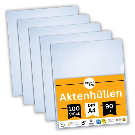perfect line - 100 Aktenhüllen DIN-A4 - starke 90 my, transparent, genarbt - Top Qualität - dokumentenecht, säurefrei