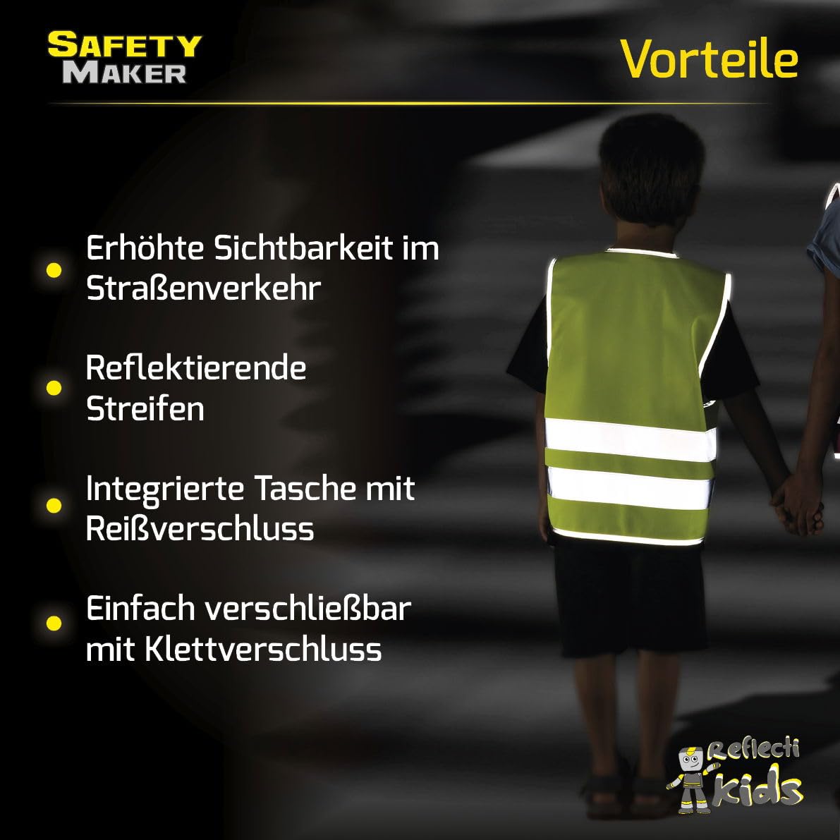 Safety Maker 44571 Kinder Sicherheitsweste, Warnweste, Reflektorweste, refkletierend für 7-14 Jahre, gelb