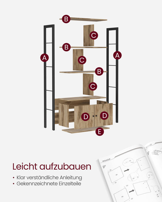 VASAGLE Industrielles Bücherregal 4 Ebenen, Kamelbraun-Schwarz