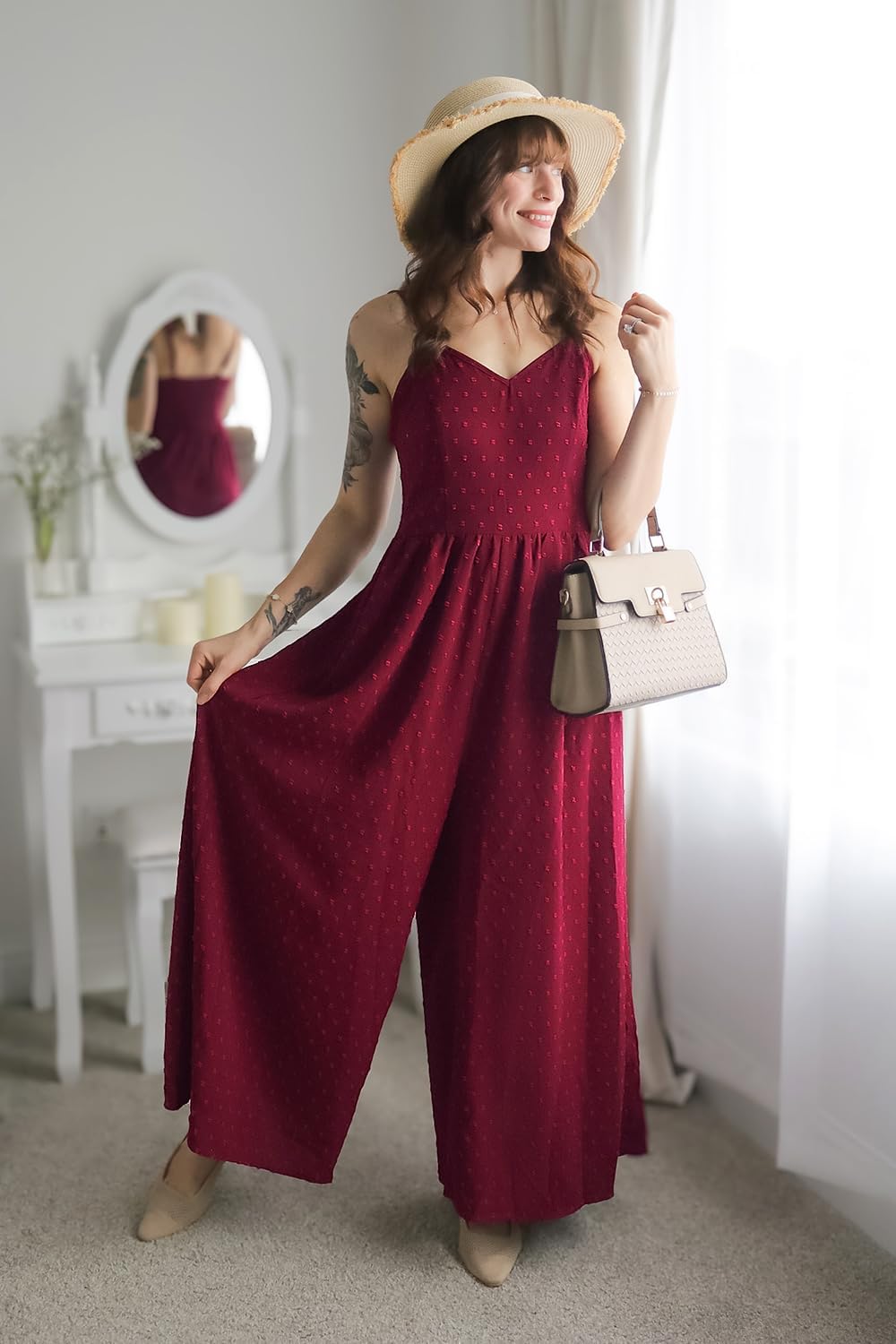 LAISHEN Jumpsuit Damen Sommer Overall Elegant Festlich Hochzeit Lang Hosenanzug Weites Bein Hose Playsuit mit Taschen (Wine, M)