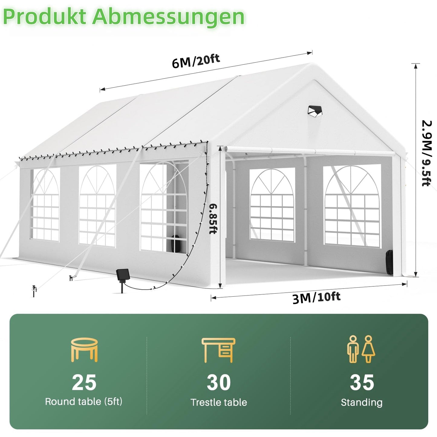 Schwerlast Partyzelt 3x6m | Weiße Pavillon 450N Robustes Solarabdeckplane Gartenzelt mit 4 Abnehmbare Seitenwände | UV-Schutz 99% Zelt Wasserdicht Stabil Pavillon für Party, Hochzeit,Nacht