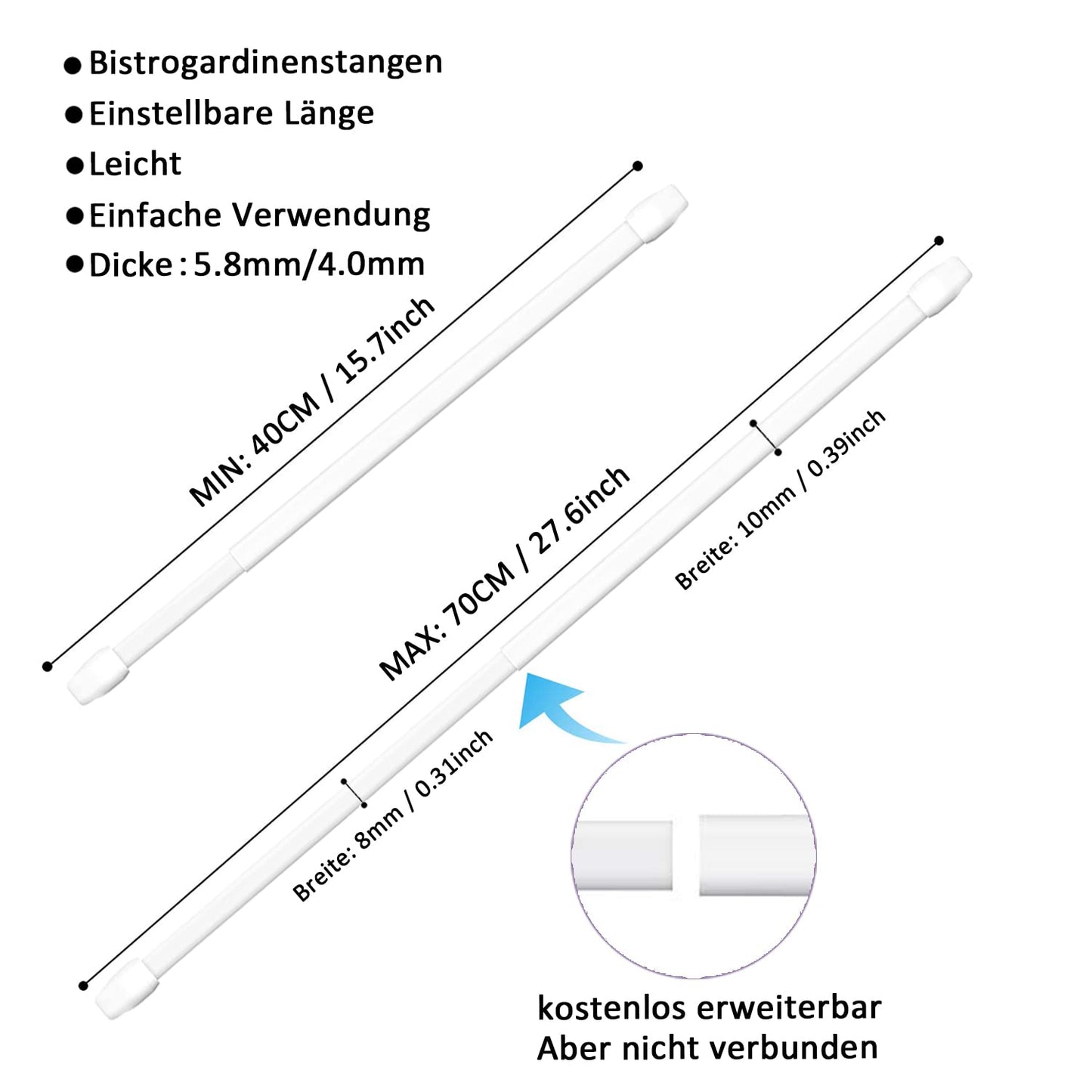 2 Stücks Gardinenstange Ausziehbar, Genster Gardinenstange, Ausziehbare gardinenstange, für Store,Schrank,Fenster, Küche, DIY-Projekte(40-70CM,Weiß)