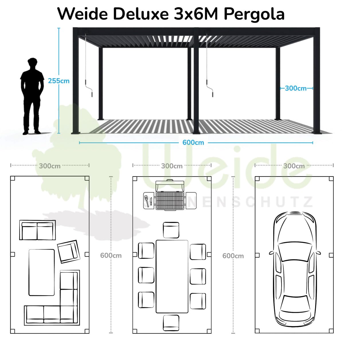 Weide Deluxe Pergola mit Lamellendach I Rostfreie & Robuste Voll-Aluminium Pavillon freistehend I Optimaler Schutz vor Sonne & Regen Dank verstellbaren Aluminium-Lamellen (Anthrazit, 3 x 6 M)