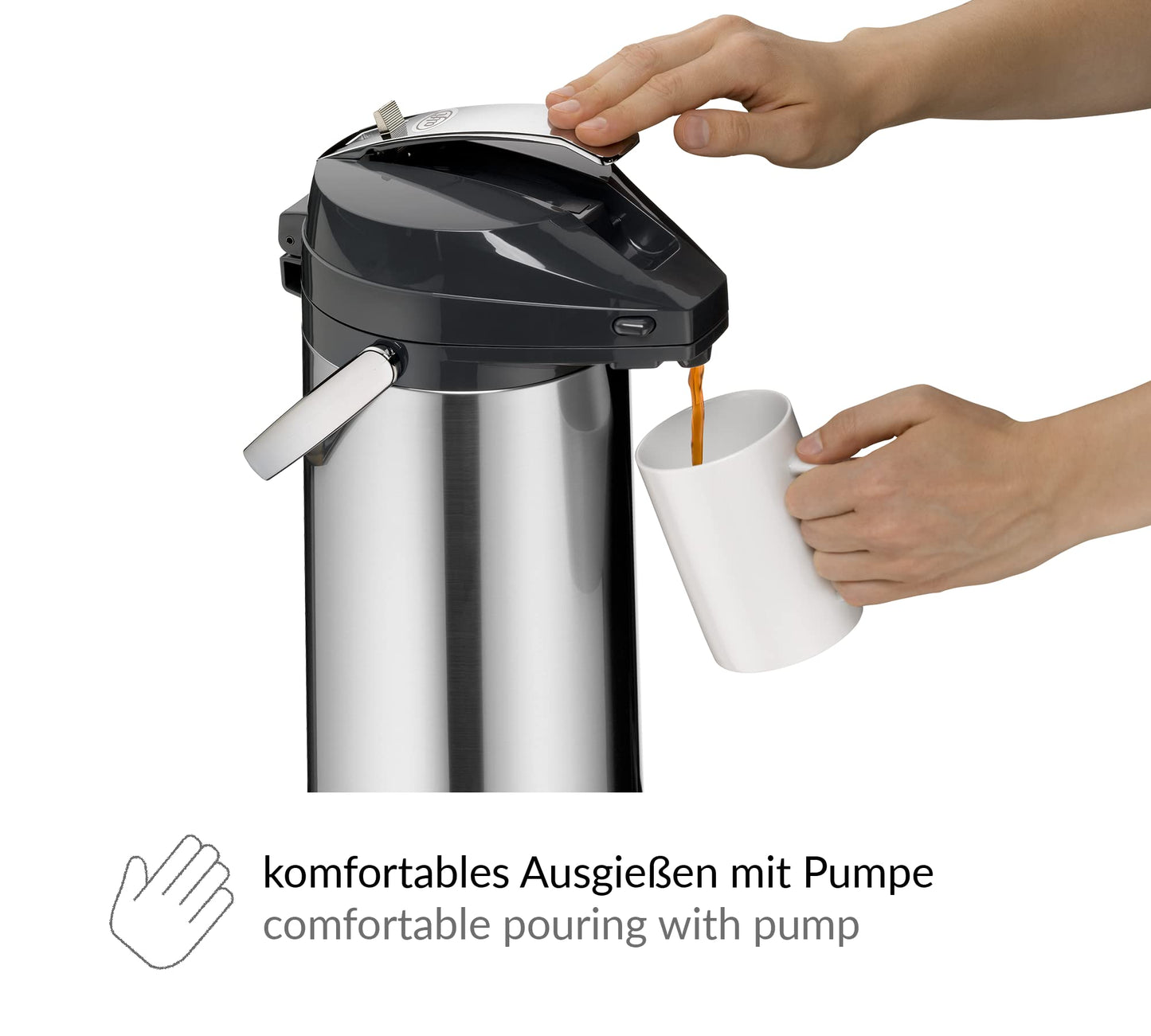 alfi GETRÄNKESPENDER 2,2 Liter, Pumpkanne aus poliertem Edelstahl mit Hartglaseinsatz, integrierte Pumpe, hält 12 Stunden warm, 24 Stunden kalt, für 18 Tassen, 360° drehbarer Boden, ideal für Catering