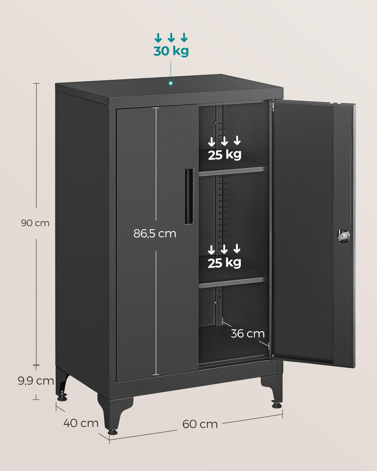 SONGMICS Aktenschrank Stahl, 40 x 60 x 90 cm Aufbewahrungsschrank mit Verstellbaren Regalen und Metallschloss, Für Büro und Zuhause