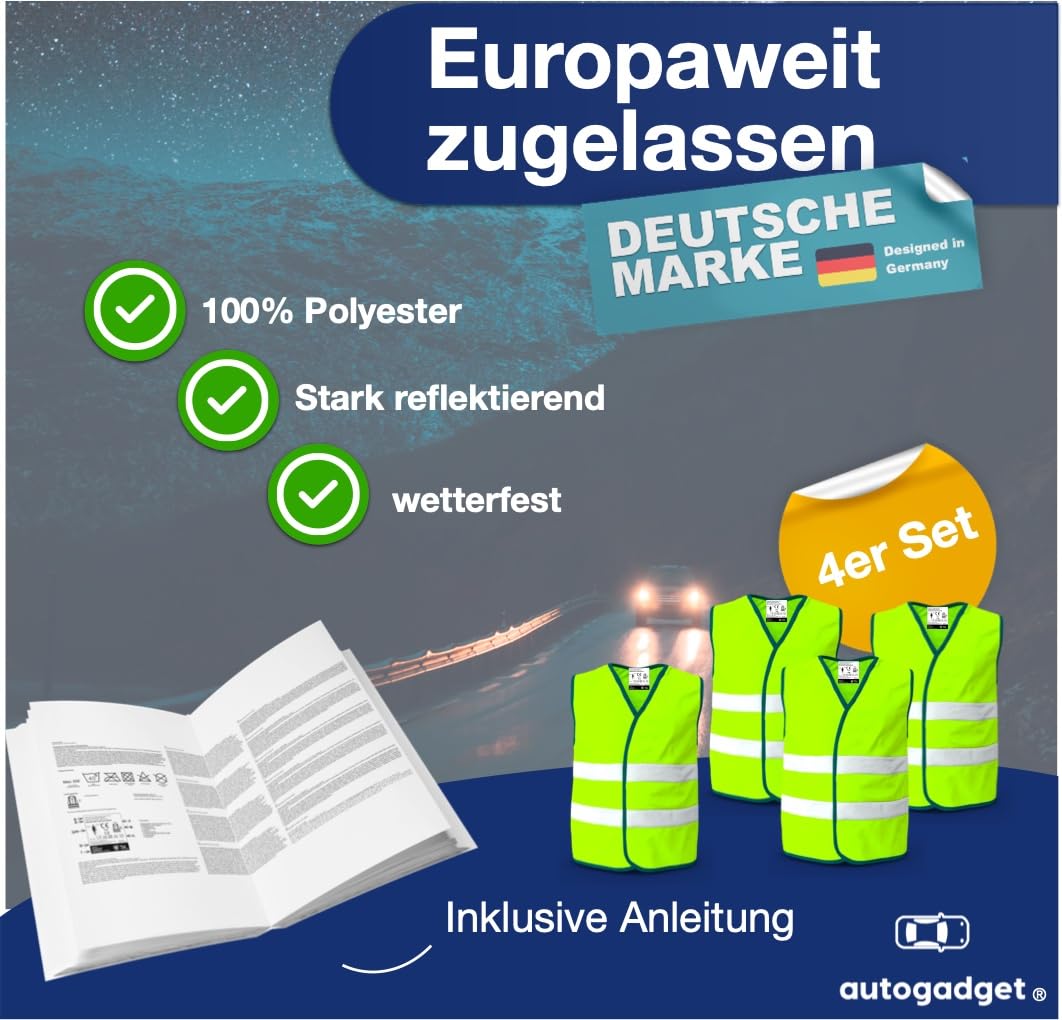 4x Stück Warnwesten Auto gelb 2025 gemäß ISO20471 - PKW & LKW Sicherheitswesten für Sicherheit im StVO - Autozubehör