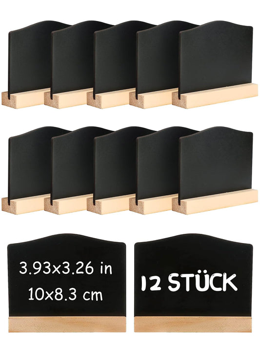 DONQL 12Stück Mini Kreidetafel mit Ständer, Kleine Tafel Holzschilder zum Beschriften, Mini Tafel Set,Tischkarten Preisschilder Platzkarten Kreidetafel Aufsteller für Hochzeit,Geburtstag usw. (Wellig)