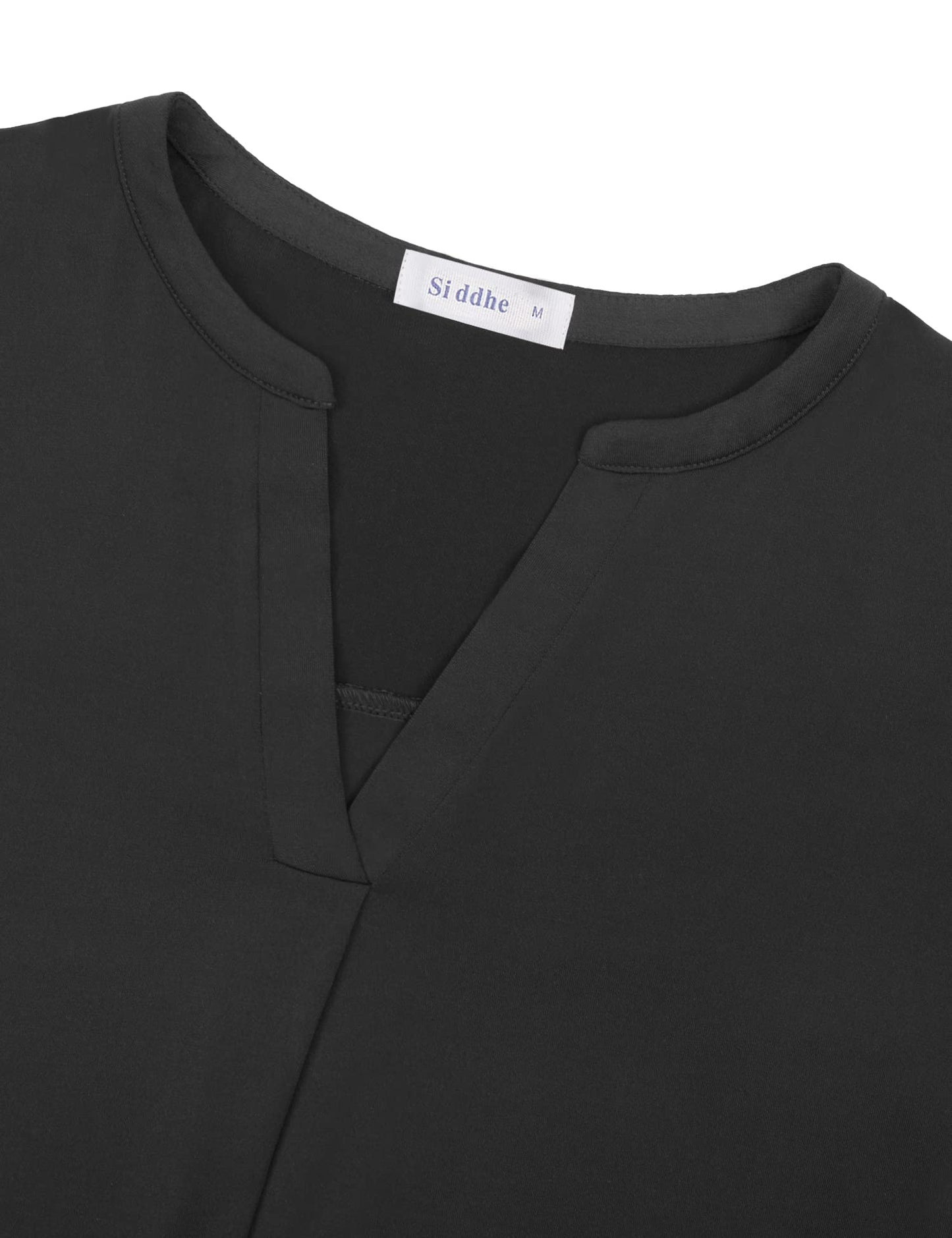 Siddhe 3/4 Ärmel Tunika Tops Bluse Damen Schwarz Business Damenbluse V-Ausschnitt Oberteile Casual Longshirt Frauen T-Shirt Arbeits Elegant Büro Mode Shirt für Leggings Herbst Vintage Einfarbig, M